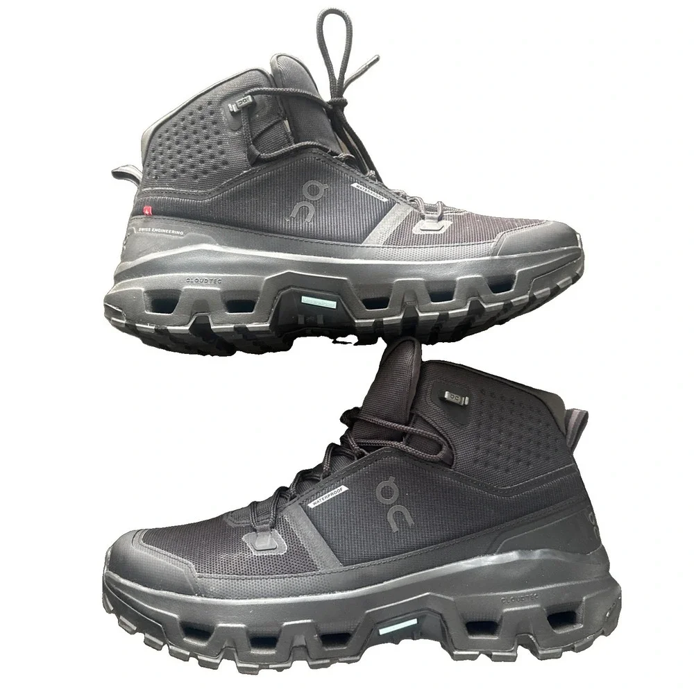 On Cloud Cloudrock Trek Waterproof Black Boots Mens Size 11.5 Mid Hiking Shoes